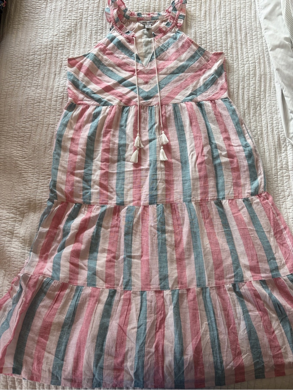 Tommy Bahama Pink, Blue & White Striped Sleeveless Tiered Sundress